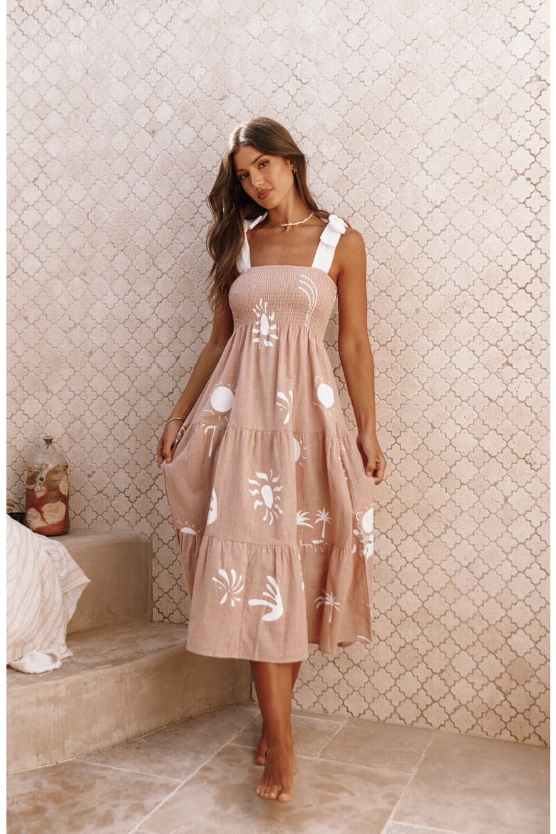 Sarelle Smocked Midi Dress, Alternate, color, TAN BLUSH