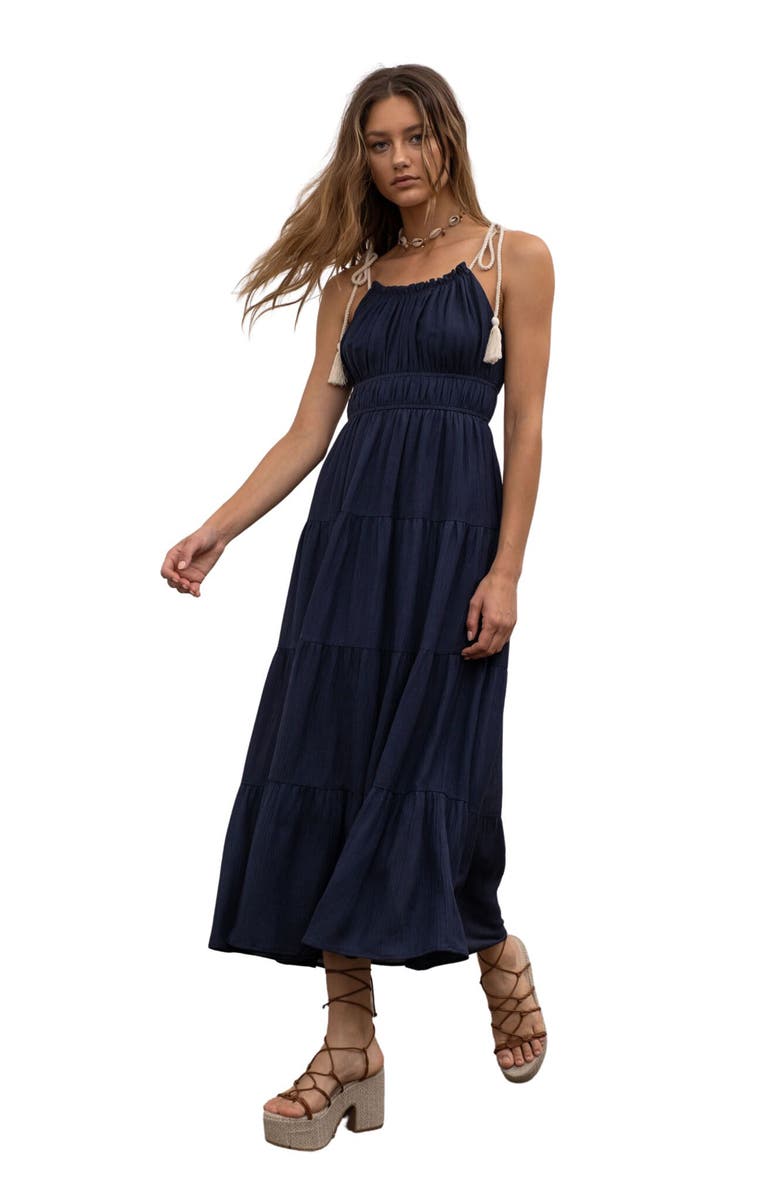 MOON RIVER Tie Strap Shirred Midi Dress, Alternate, color,