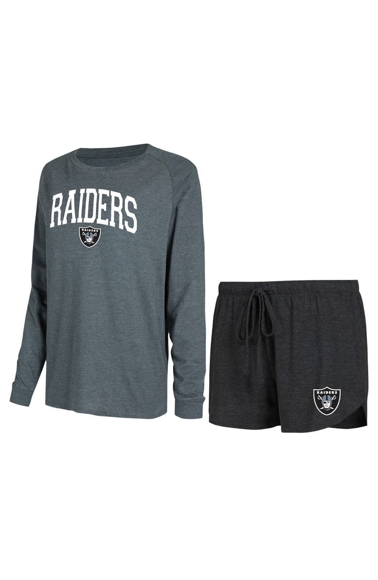 CONCEPTS SPORT Women's Concepts Sport Black/Charcoal Las Vegas Raiders Raglan Long Sleeve T-Shirt & Shorts Lounge Set, Alternate, color, Black