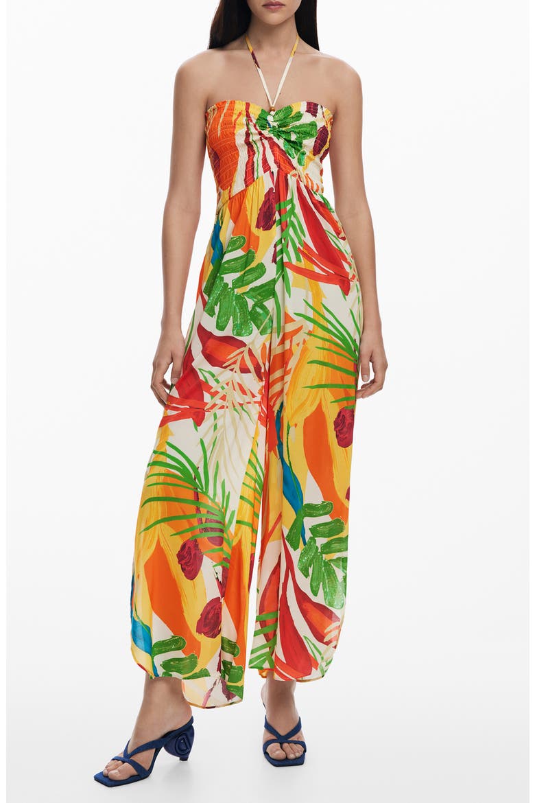 Tropical Print Halter Cover-Up Jumpsuit, Main, color, LIGHT BEIGE