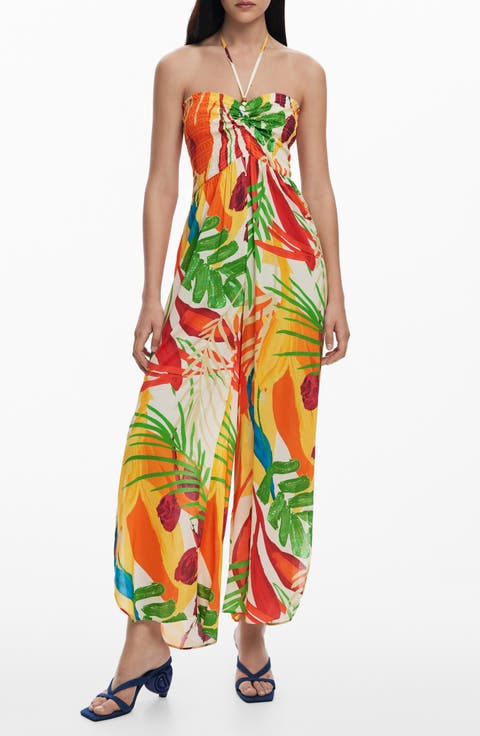 Tropical Print Halter Cover-Up Jumpsuit