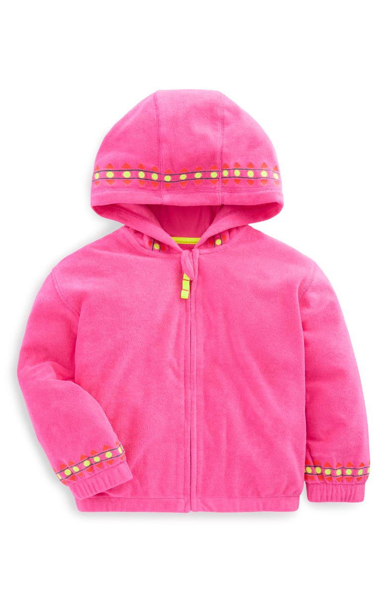Mini Boden Relaxed Terry Cover-Up Hoodie, Main, color, Pink Embroidered