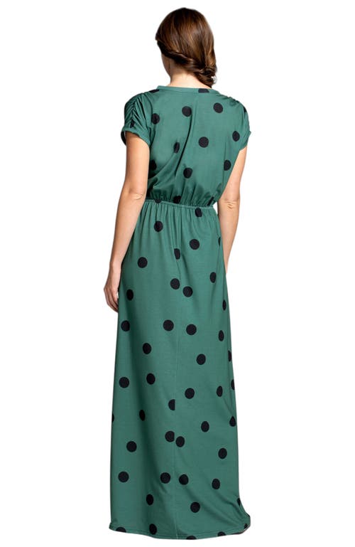 Hotsquash London Clothing V-neck Short Sleeve Maxi Dress In Green With Black Polka Dots