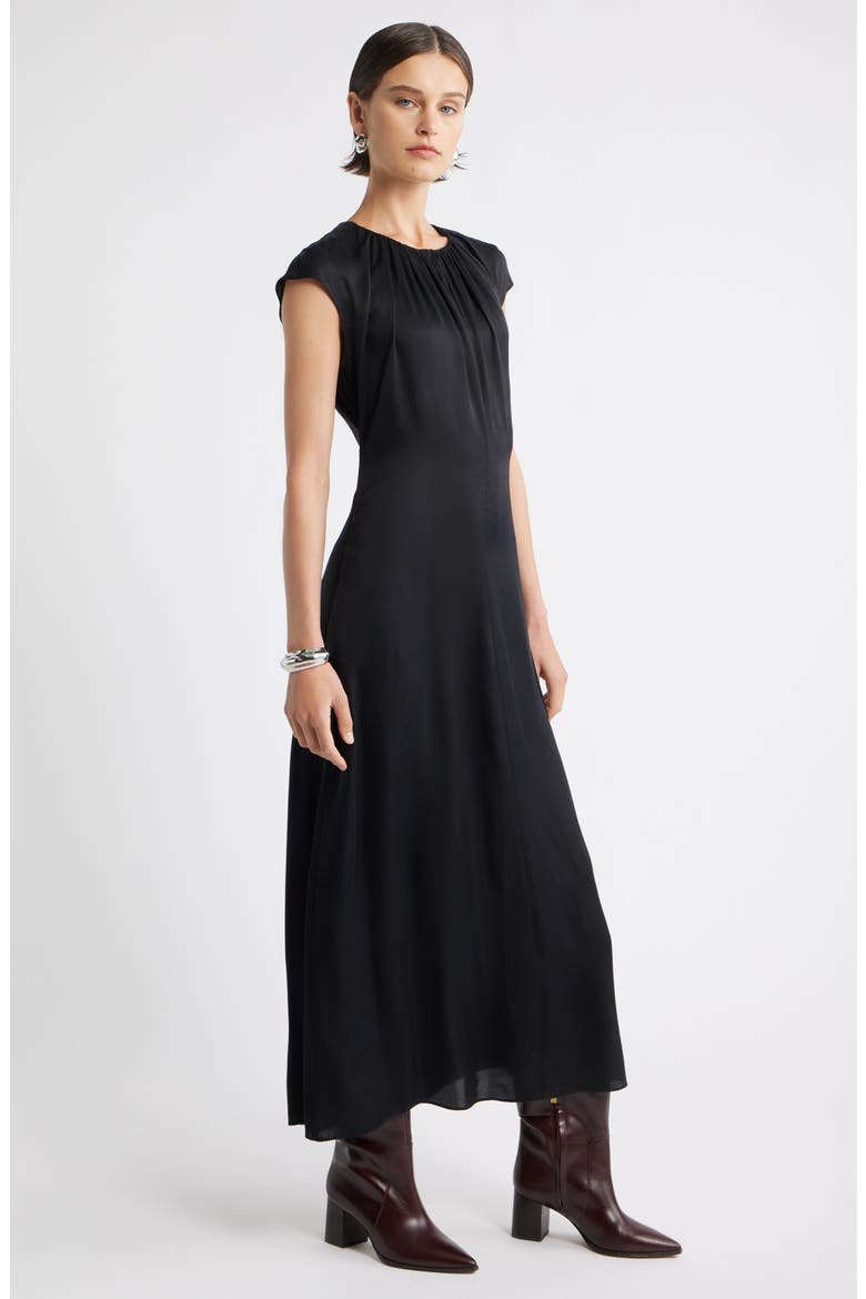 Shirred Cap Sleeve A-Line Dress, Alternate, color, BLACK