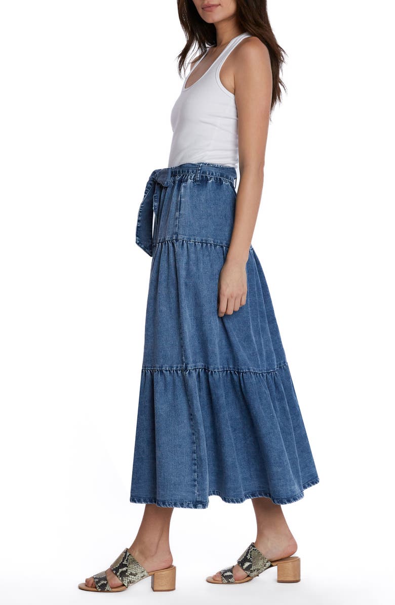 Wash Lab Denim Tiered Tie Belt Denim Maxi Skirt, Alternate, color, Hilo Blue