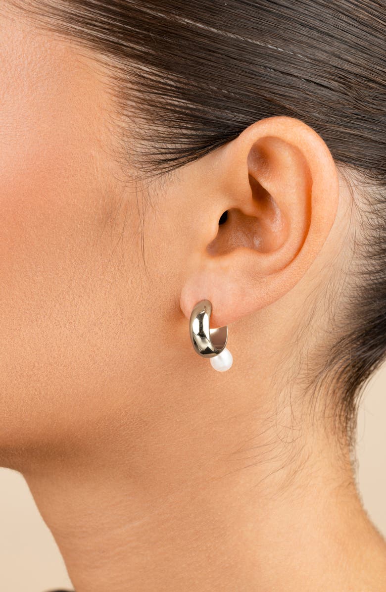 Sterling Forever Micki Cultured Pearl Drop Hoop Earrings, Alternate, color, Silver