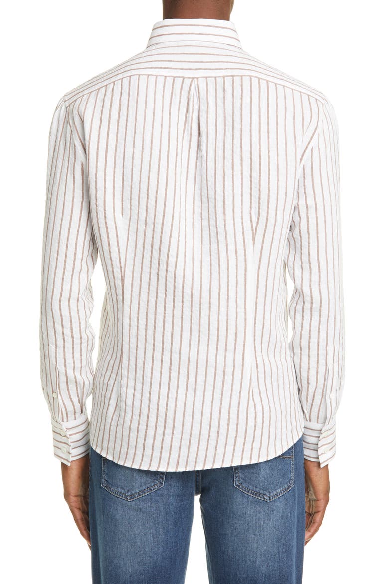 Slim Fit Stripe Linen Button-Down Shirt, Alternate, color, LIGHT BROWN