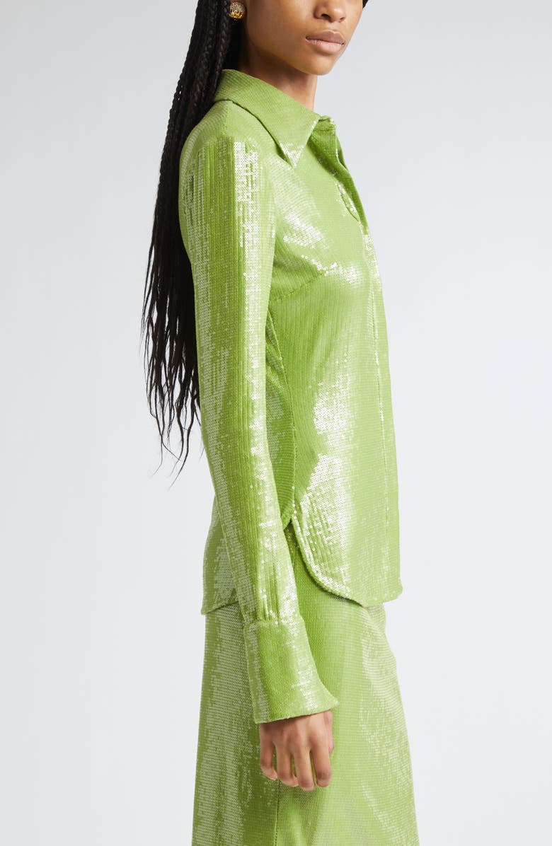 Oscar de la Renta Sequin Jersey Button-Up Shirt, Alternate, color, Fern