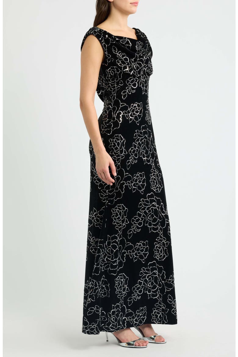 Floral Sequin Drape Neck Velvet Gown, Alternate, color, BLACK SILV