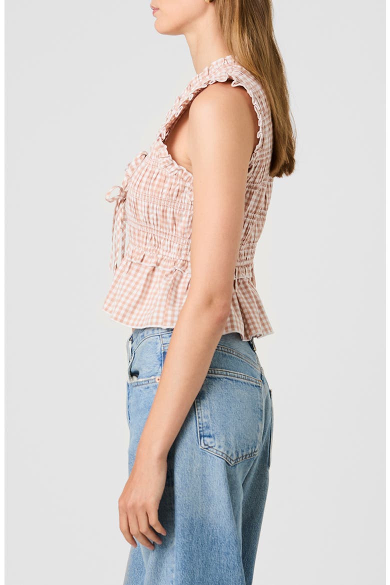 Rhodes Ruffle Smocked Peplum Cotton Poplin Top, Alternate, color, PETITE GINGHAM ALMOND