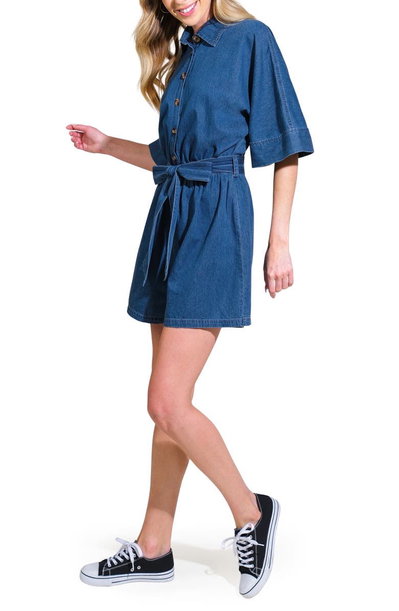 FLYING TOMATO Chambray Tie Waist Romper, Alternate, color, Medium Indigo