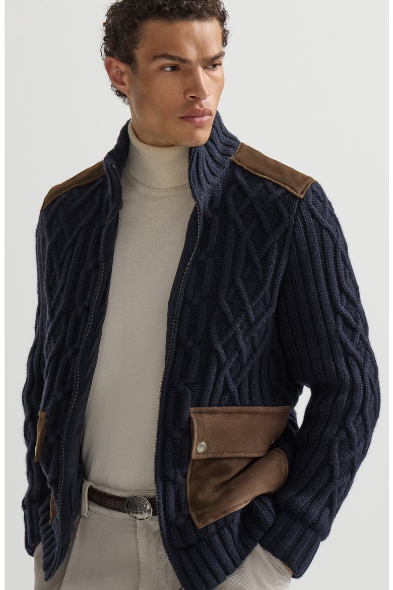 Cable knit cardigan in cashmere Feather yarn with suede inserts and zipper, Alternate, color, Navy Blue