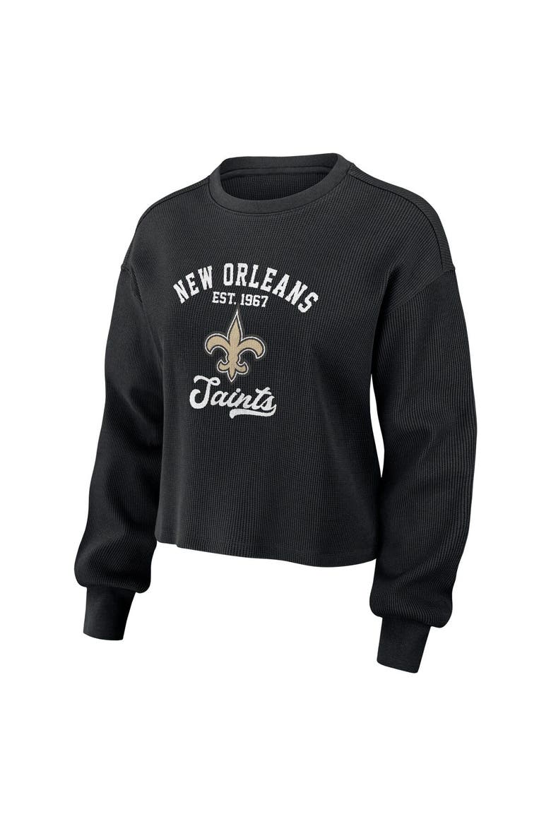 Women's WEAR by Erin Andrews Black New Orleans Saints Waffle Knit Long Sleeve T-Shirt & Shorts Lounge Set, Alternate, color, Black