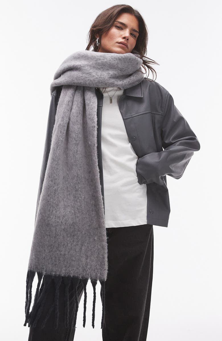 Topshop Sydney Fringe Trim Blanket Scarf, Main, color, Charcoal