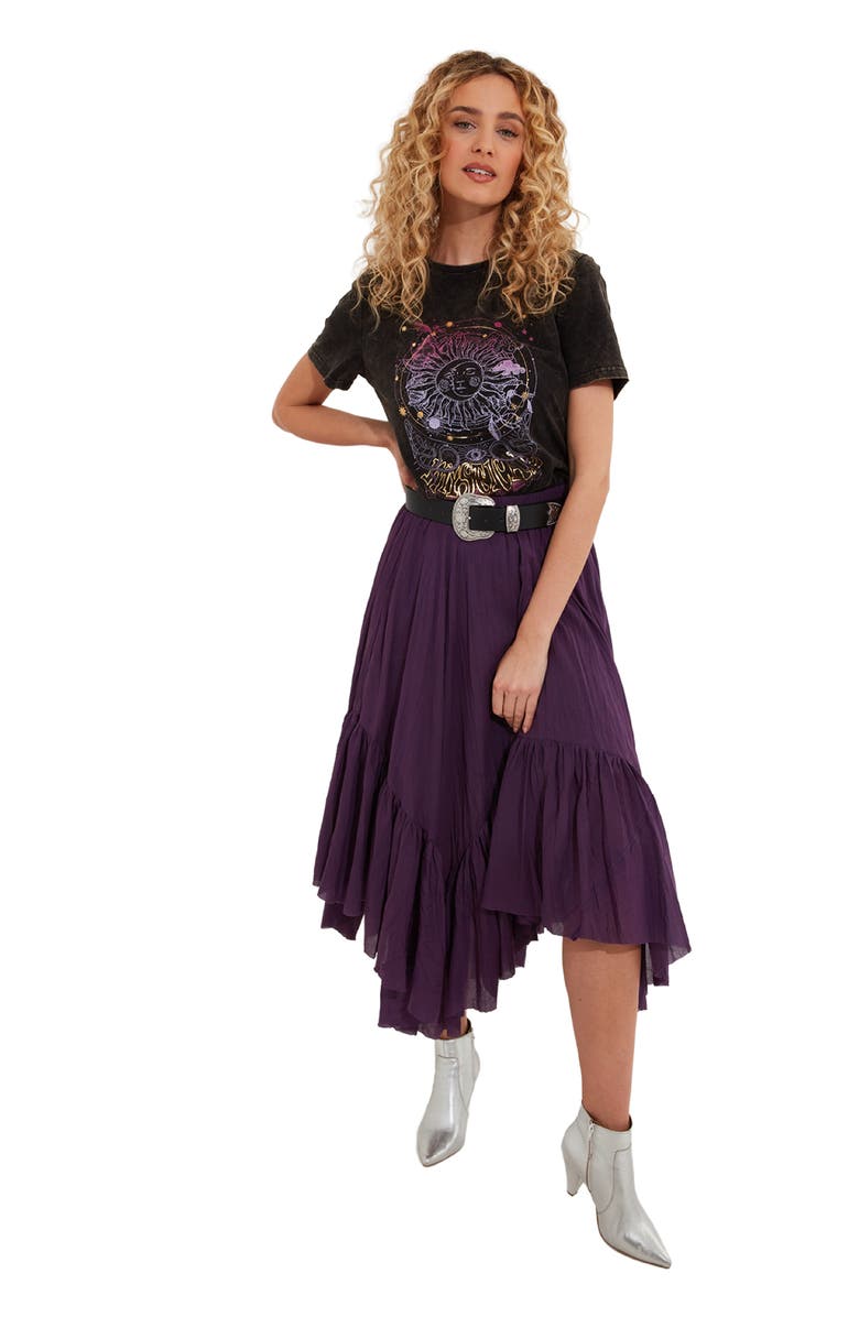 Joe Browns Handkerchief Hem Crinkle Midi Skirt, Main, color, Wineberry