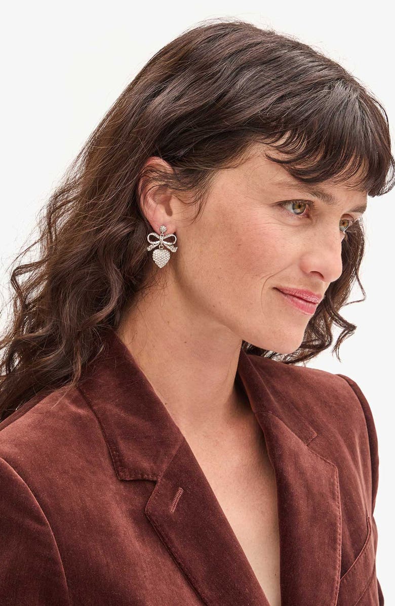 Clare V. Pavé Crystal Heart Drop Earrings, Alternate, color, Silver