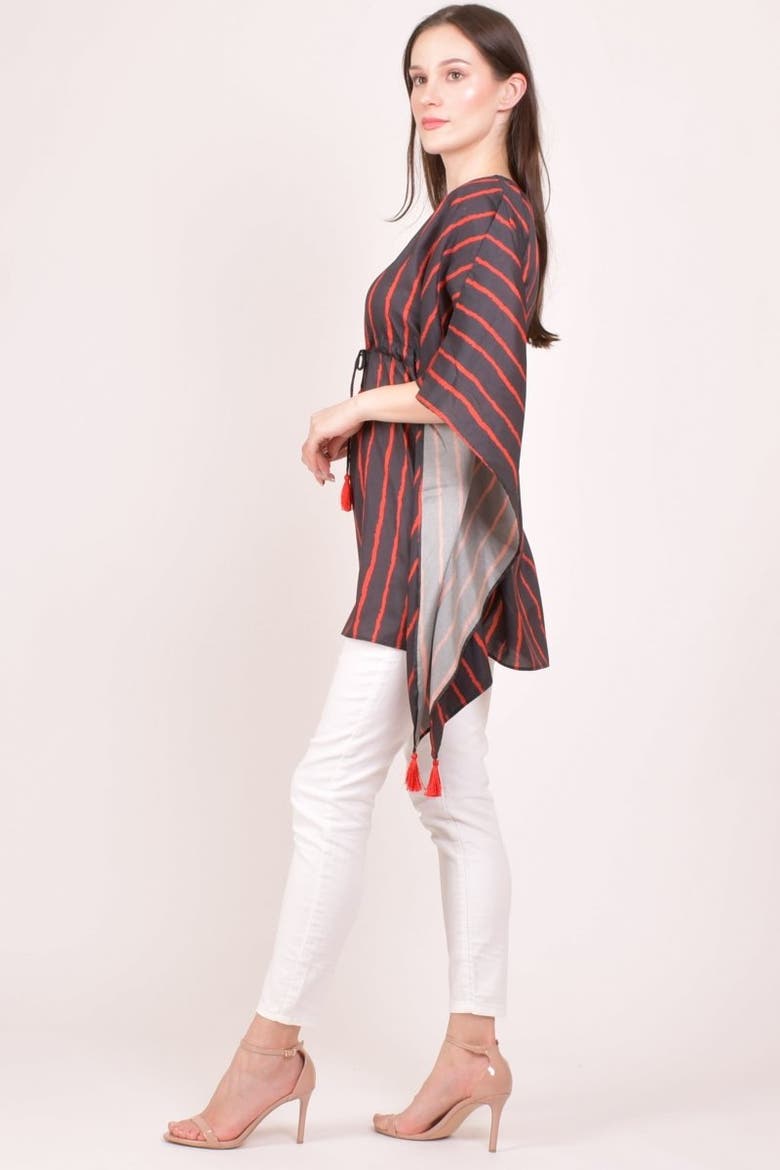 Floral Embroidered Stripe Drawstring Kaftan Top, Alternate, color, Black