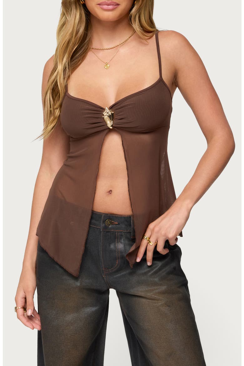 Reeve Split Front Sheer Mesh Top, Main, color, BROWN