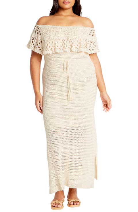 Callie Open Stitch Tie Waist Off the Shoulder Maxi Dress (Plus)