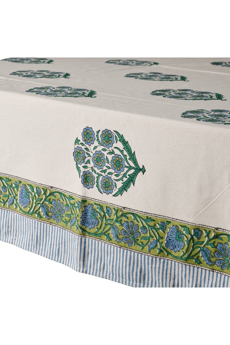 Devika Floral + Stripe Block Print Tablecloth, Main, color, Ivory