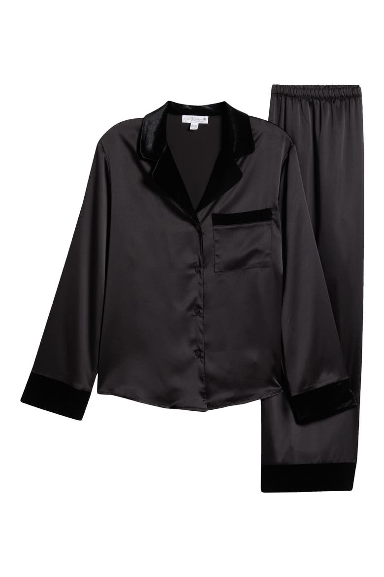 Velvet Trim Satin Pajamas, Alternate, color, BLACK