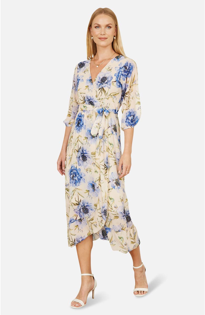 Yumi 3/4 Sleeve V-Neck Wrap Midi Dress, Alternate, color, Cream