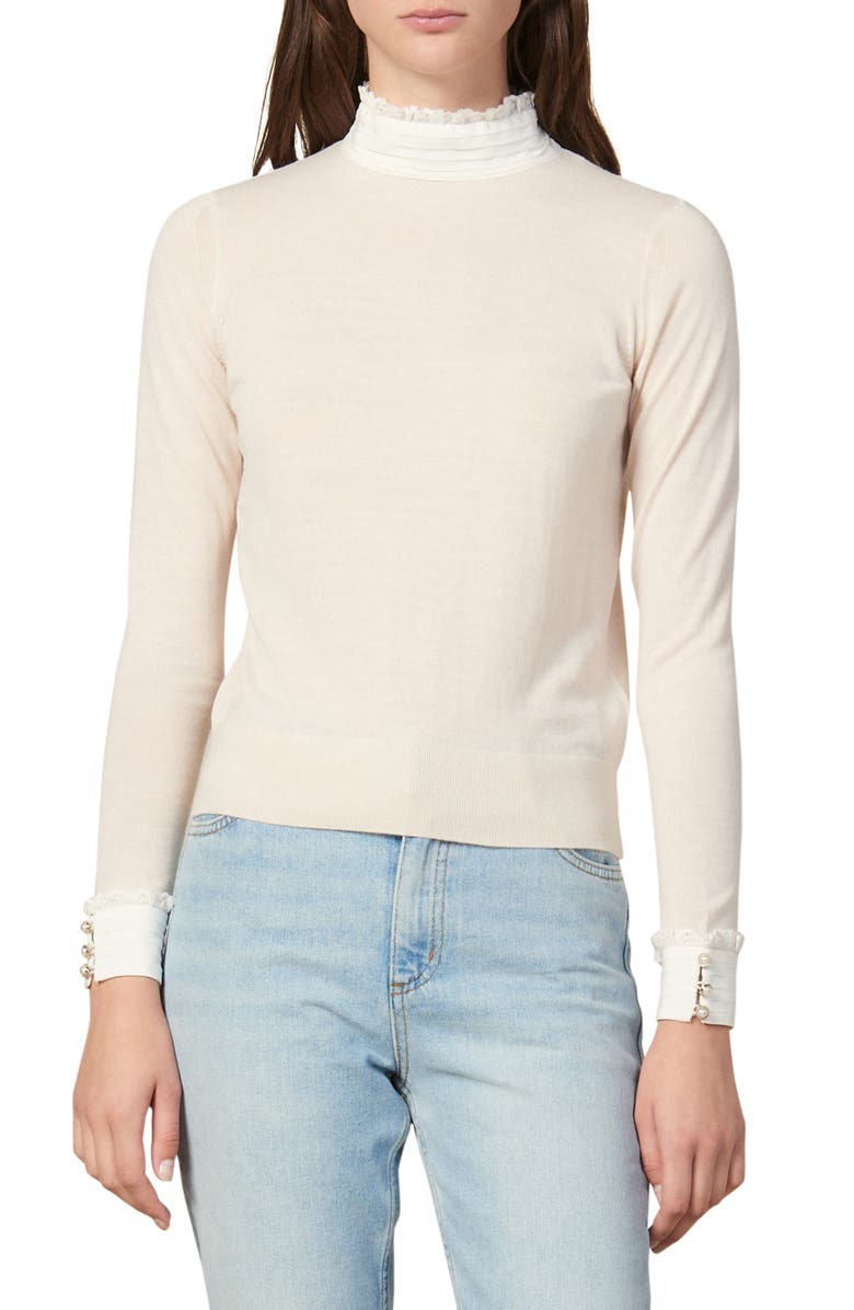 SANDRO Natti Ruffle Lace Mock Neck Sweater, Main, color, 