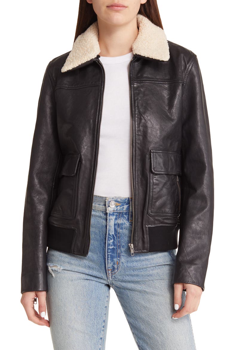 Leather Bomber Jacket with Removable Faux Shearling Trim, Main, color, BLACK