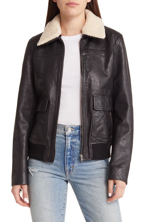 Leather Bomber Jacket with Removable Faux Shearling Trim