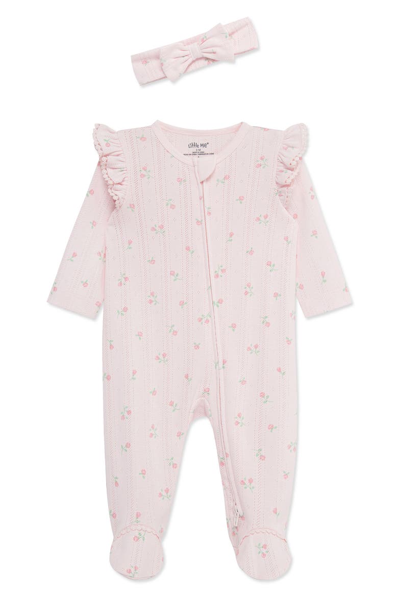 Dainty Roses Cotton Pointelle Footie & Headband Set (Nordstrom Exclusive), Main, color, PINK