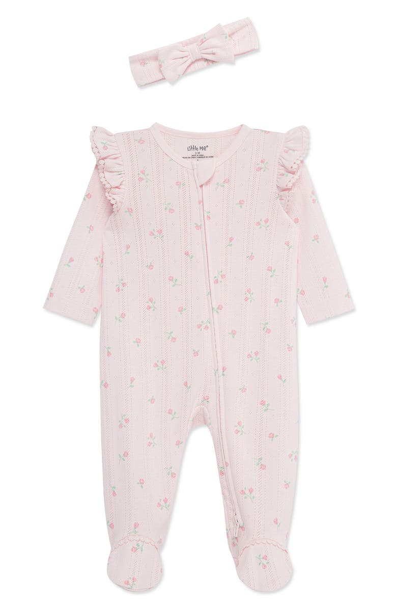 Little Me Dainty Roses Cotton Pointelle Footie & Headband Set, Main, color, Pink