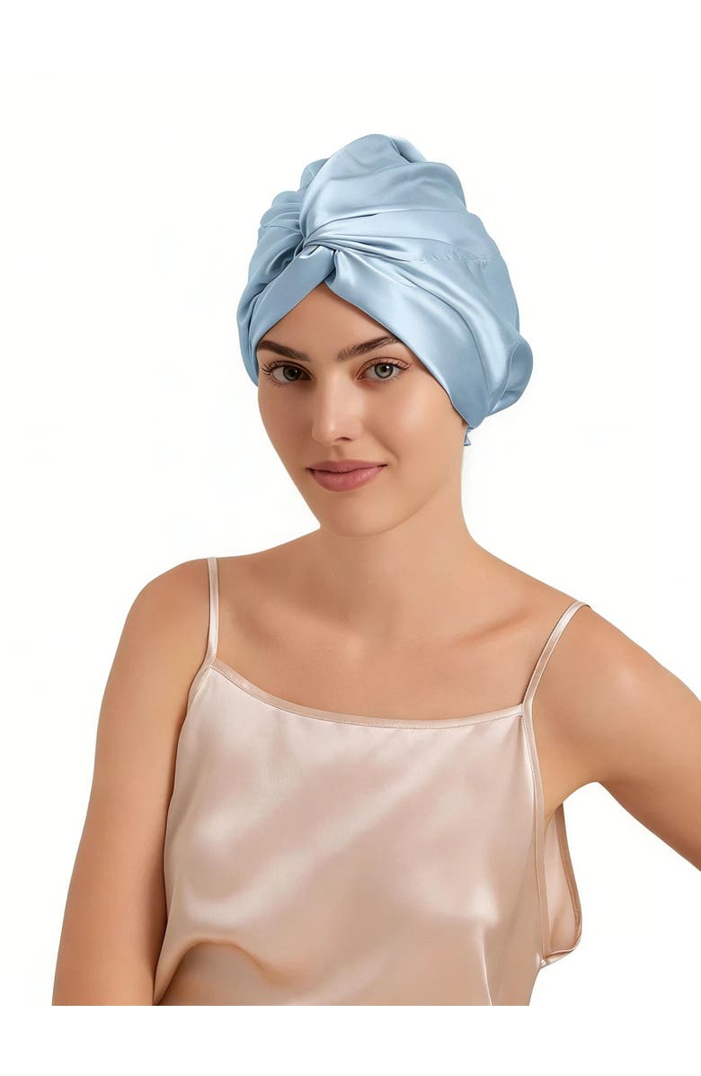 SILKSILKY 22Momme Pure Silk Knot Front Hair Bonnet with Adjustable Button Design, Main, color, Steelblue