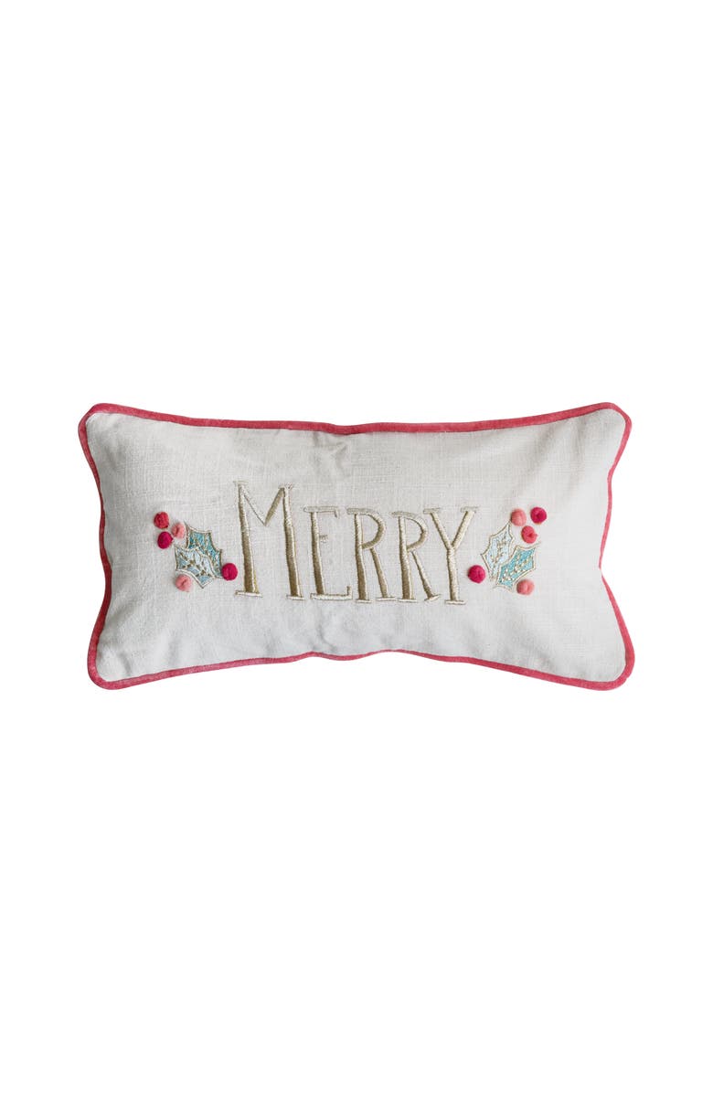 Storied Home Slub Lumbar Pillow with Hand-Embroidery, Pom Poms, Piping and Velvet Back "Merry", Multicolor, Main, color, 