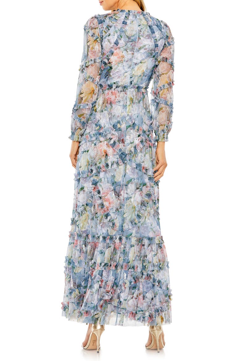 Floral Long Sleeve High Neck Ruffle Detail Gown, Alternate, color, PLATINUM MULTI