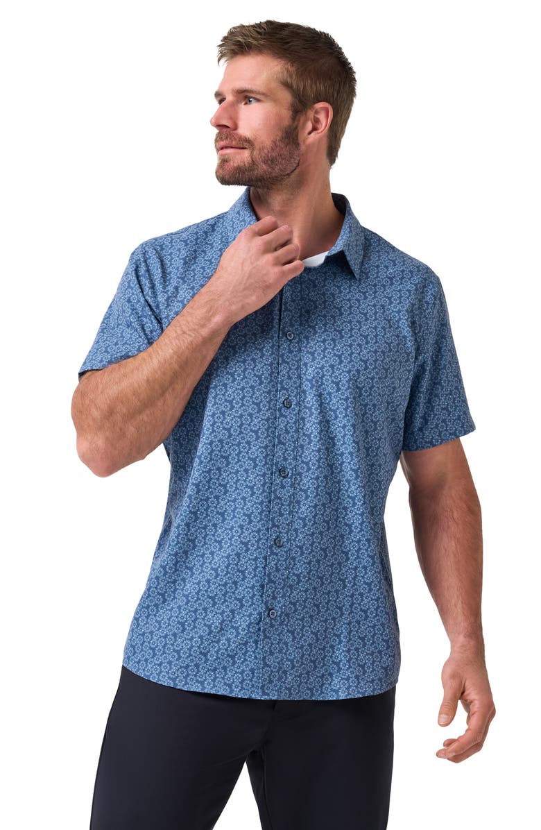 TravisMathew Techwoven Sunlight Floral Short Sleeve Performance Button-Up Shirt, Alternate, color, Bering Sea