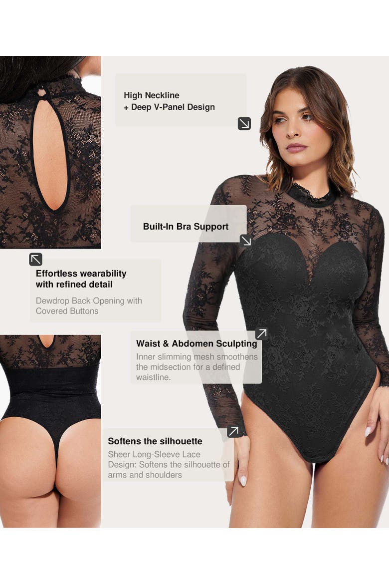 Shapewear Mock Neck Long Sleeve Floral Lace Bodysuit, Alternate, color, Midnight Black
