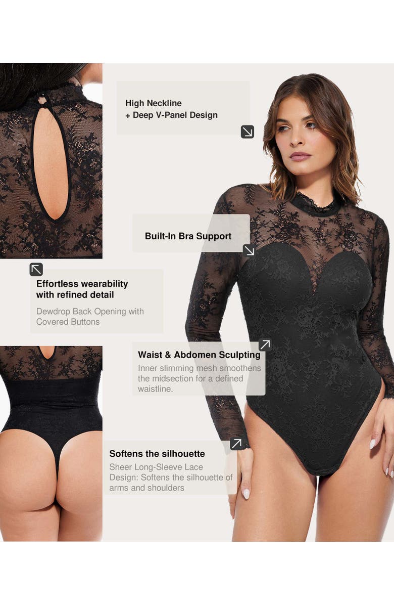 Popilush Shapewear Mock Neck Long Sleeve Floral Lace Bodysuit, Alternate, color, Midnight Black
