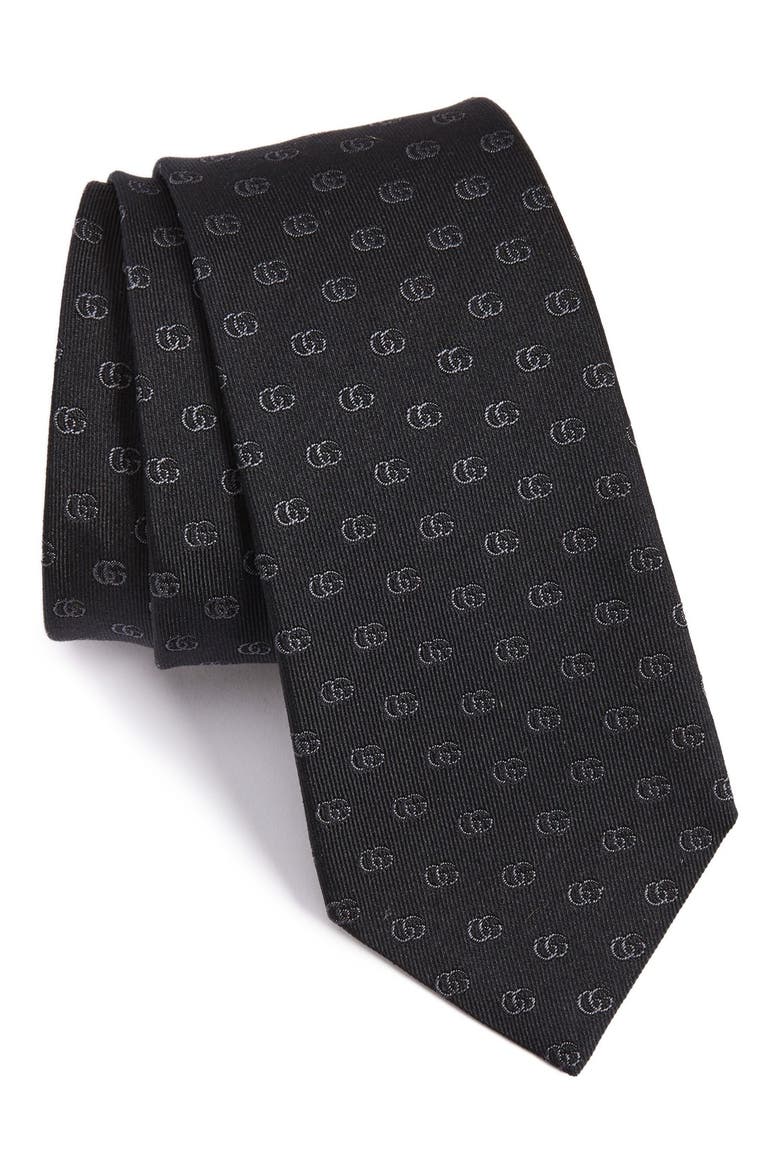 Running GG Logo Silk Jacquard Tie, Alternate, color, BLACK