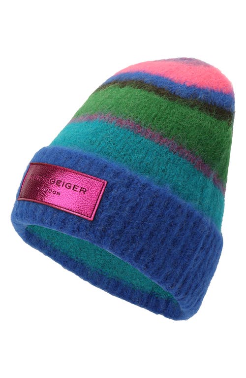 Kurt Geiger London Stripe Fuzzy Beanie In Blue