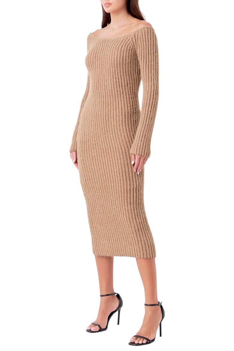 Long Sleeve Off the Shoulder Rib Midi Sweater Dress, Alternate, color, CAMEL