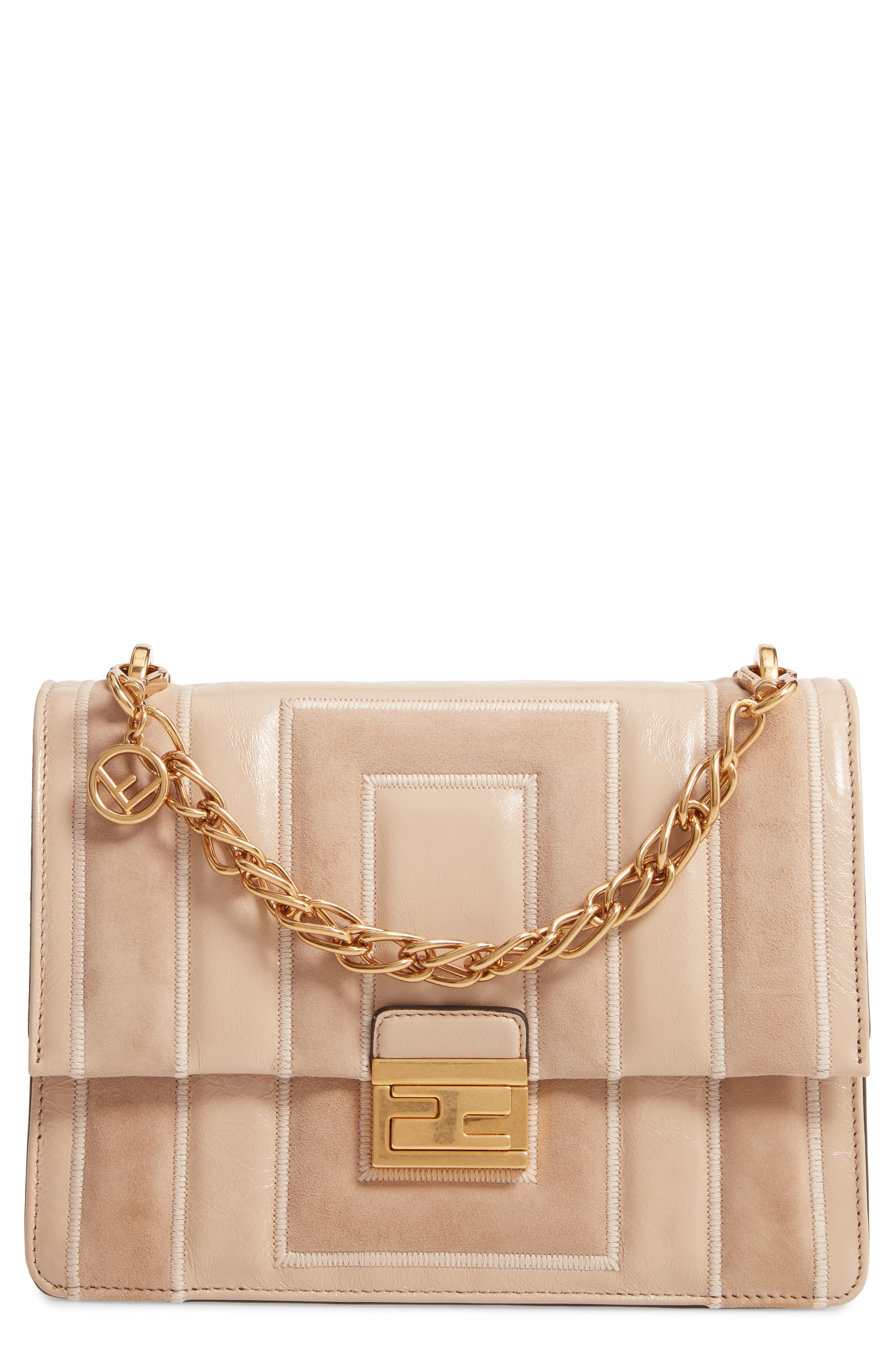 Fendi Kan U Goatskin Suede & Lambskin Leather Shoulder Bag, Main, color, 