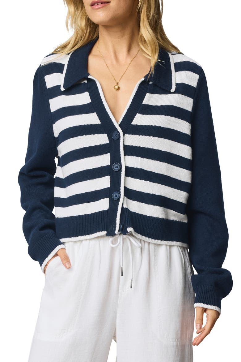 Nicolette Placed Stripe Cotton Polo Cardigan, Main, color, NAVY BLUE/ WHITE