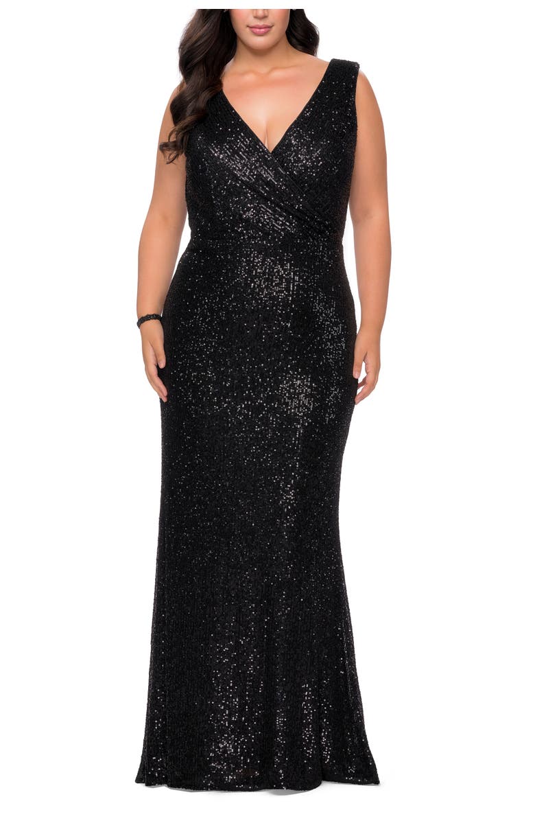 La Femme Long Sequin Plus Size Gown with V-Neck, Main, color, Black