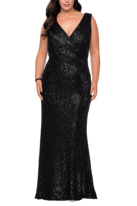Long Sequin Plus Size Gown with V-Neck