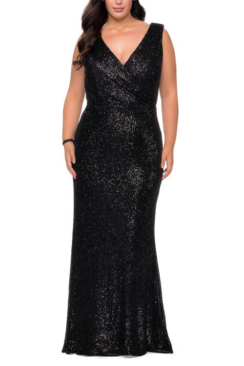 La Femme Long Sequin Plus Size Gown With V-neck In Black
