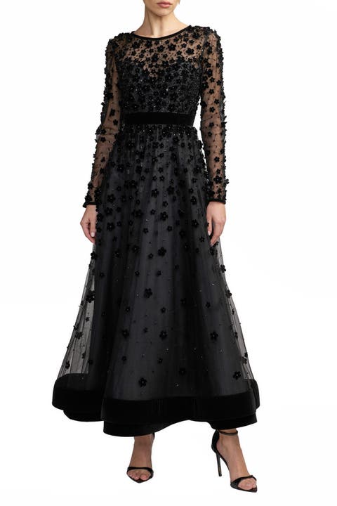 Floral Applique Beaded Tulle Evening Gown