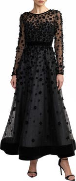Mac Duggal Floral Applique Beaded Tulle Evening Gown