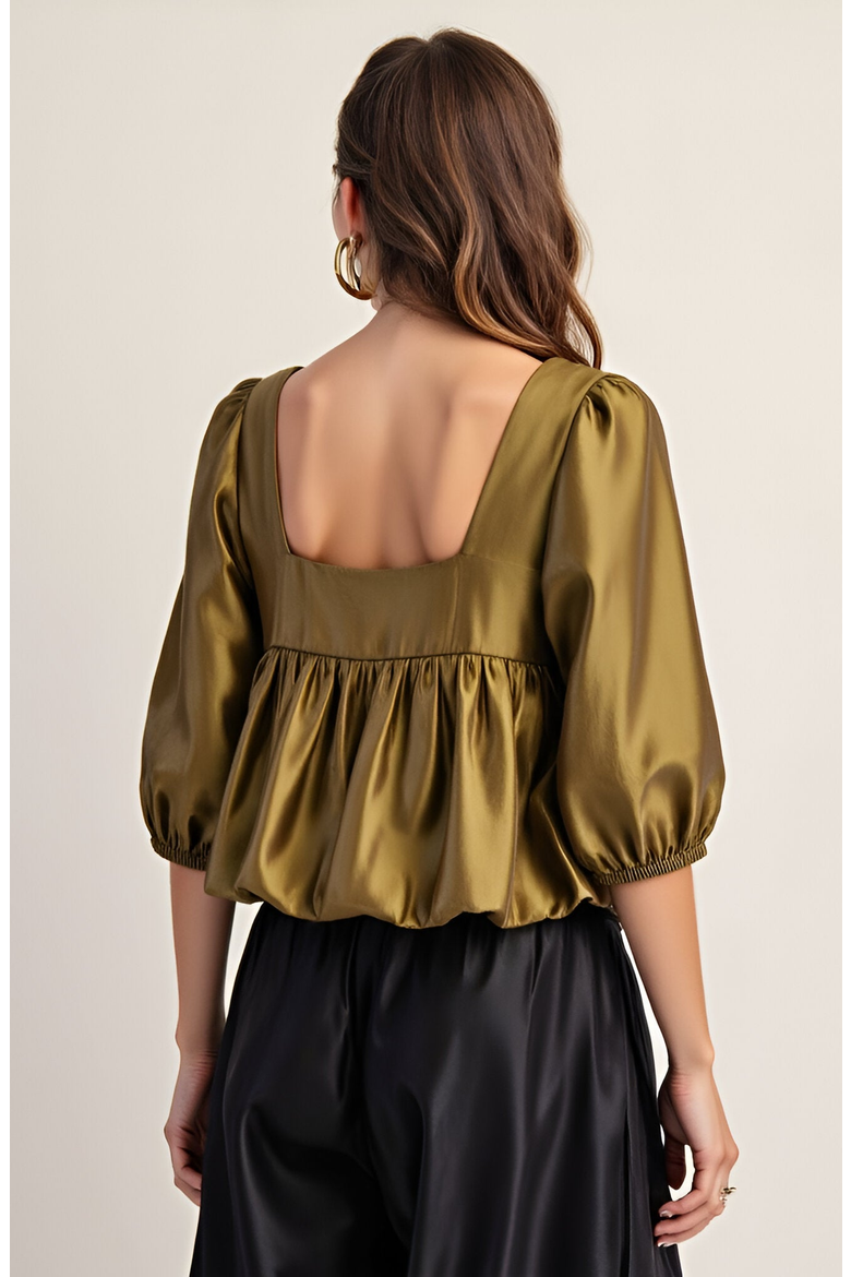 Gathered Bubble Hem Puff Sleeve Square Neck Top, Alternate, color, Olive