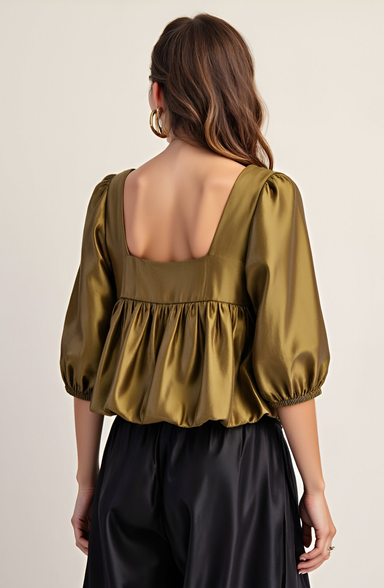 Modenaire Gathered Bubble Hem Puff Sleeve Square Neck Top, Alternate, color, Olive
