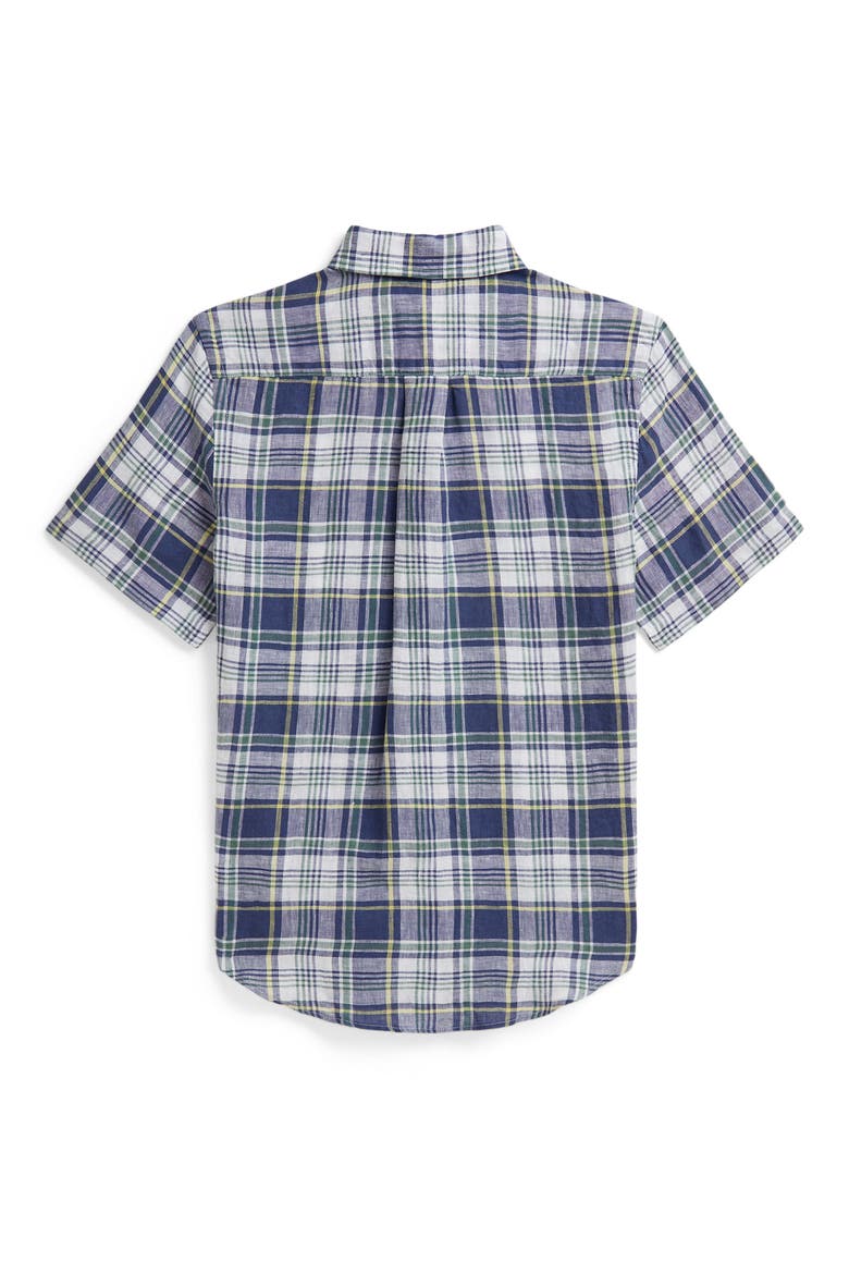 Kids' Plaid Short Sleeve Linen Button-Down Shirt, Alternate, color, WHITE FADED BLUE MULTI